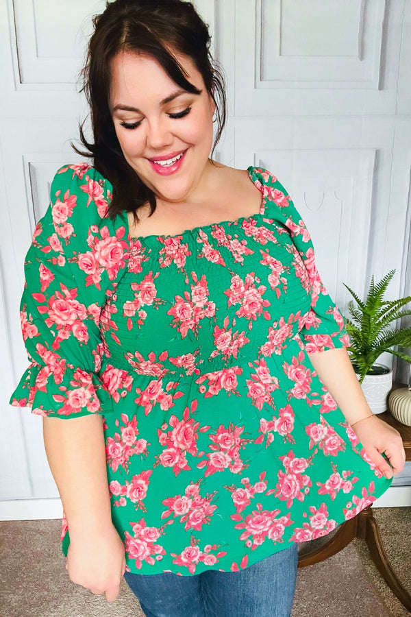 Sumptuous In Smocked Green & Coral Flower Print Babydoll Top - Coeur de la Mode