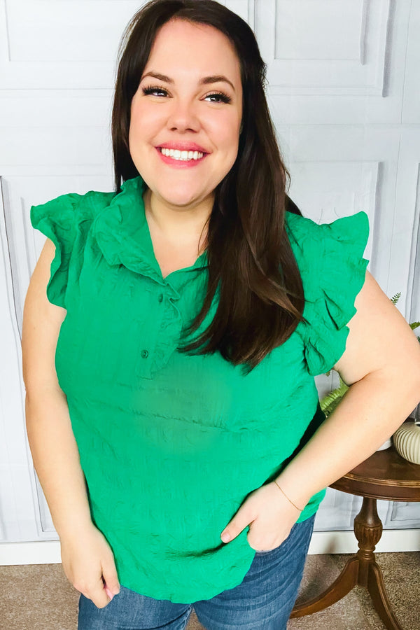 Glamorous In Kelly Green Textured Ruffle Mock Neck Top - Coeur de la Mode