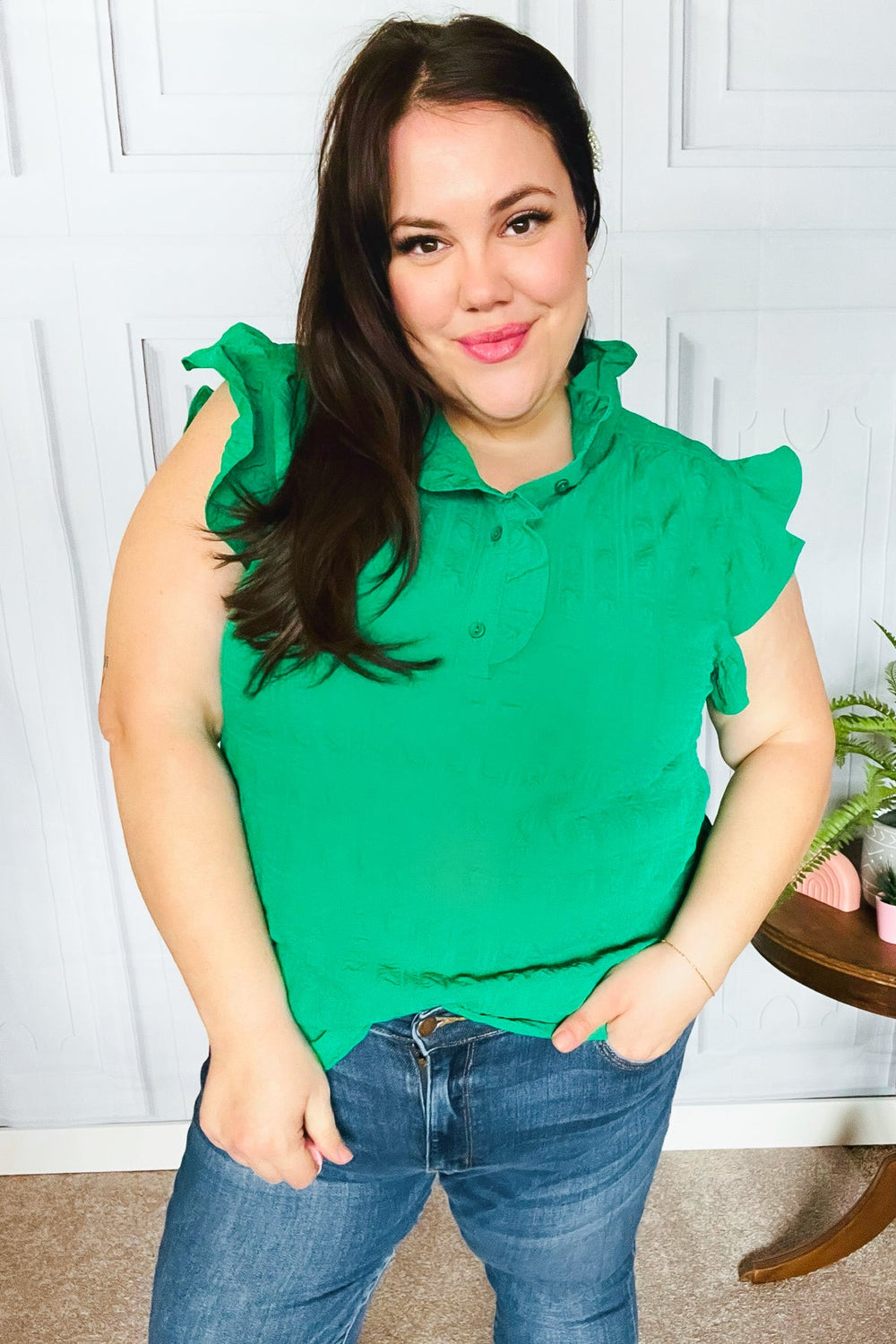 Glamorous In Kelly Green Textured Ruffle Mock Neck Top - Coeur de la Mode