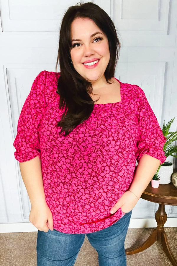 Perfectly You Fuchsia Floral Three Quarter Sleeve Square Neck Top - Coeur de la Mode
