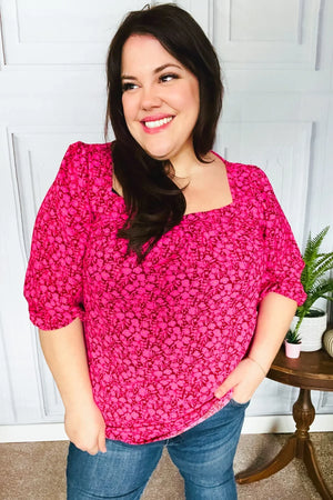 Perfectly You Fuchsia Floral Three Quarter Sleeve Square Neck Top - Coeur de la Mode