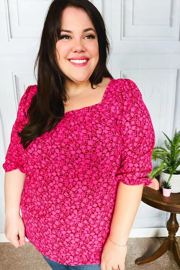 Perfectly You Fuchsia Floral Three Quarter Sleeve Square Neck Top - Coeur de la Mode