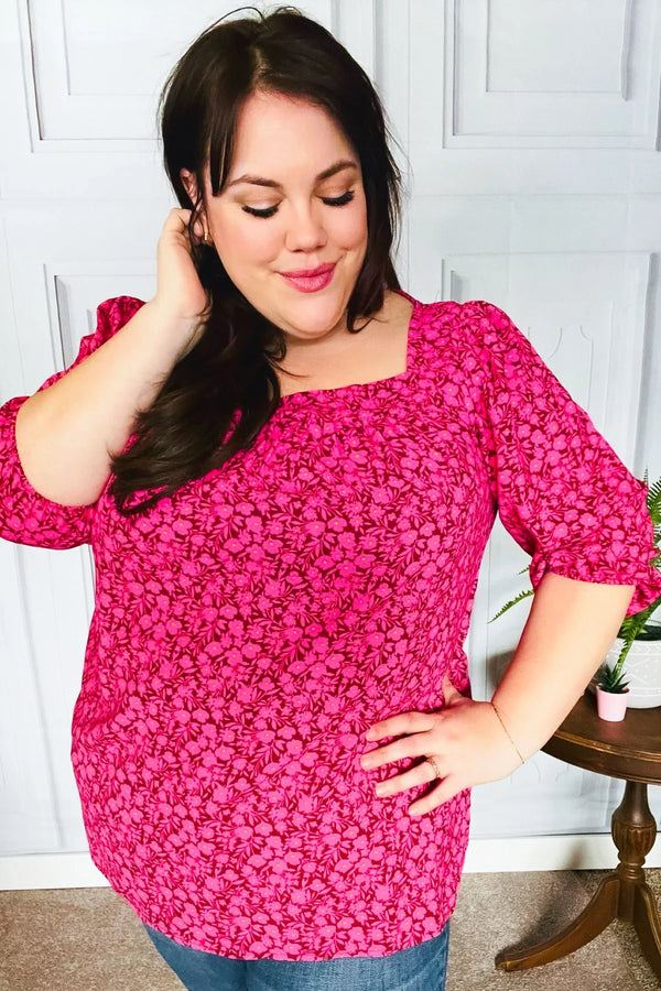 Perfectly You Fuchsia Floral Three Quarter Sleeve Square Neck Top - Coeur de la Mode
