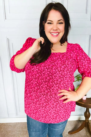Perfectly You Fuchsia Floral Three Quarter Sleeve Square Neck Top - Coeur de la Mode