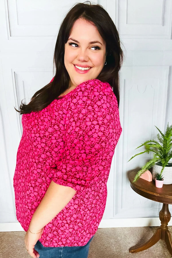Perfectly You Fuchsia Floral Three Quarter Sleeve Square Neck Top - Coeur de la Mode