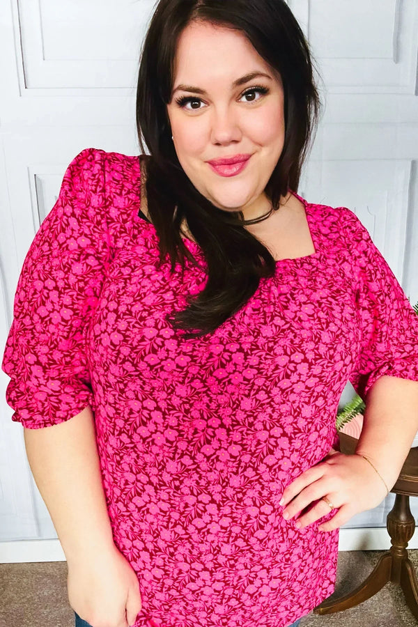 Perfectly You Fuchsia Floral Three Quarter Sleeve Square Neck Top - Coeur de la Mode