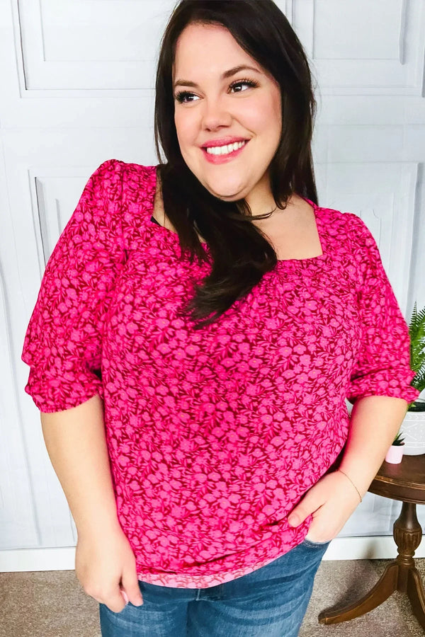 Perfectly You Fuchsia Floral Three Quarter Sleeve Square Neck Top - Coeur de la Mode