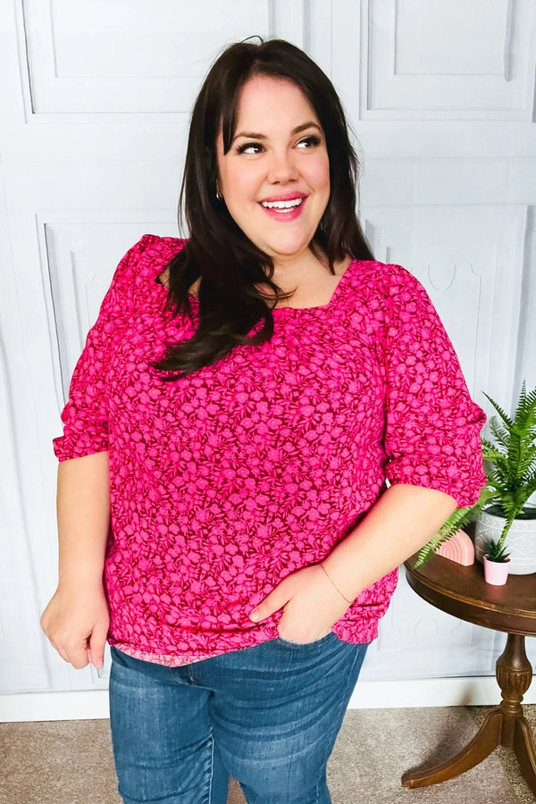 Perfectly You Fuchsia Floral Three Quarter Sleeve Square Neck Top - Coeur de la Mode