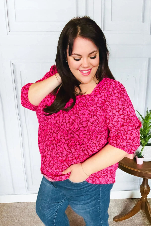 Perfectly You Fuchsia Floral Three Quarter Sleeve Square Neck Top - Coeur de la Mode
