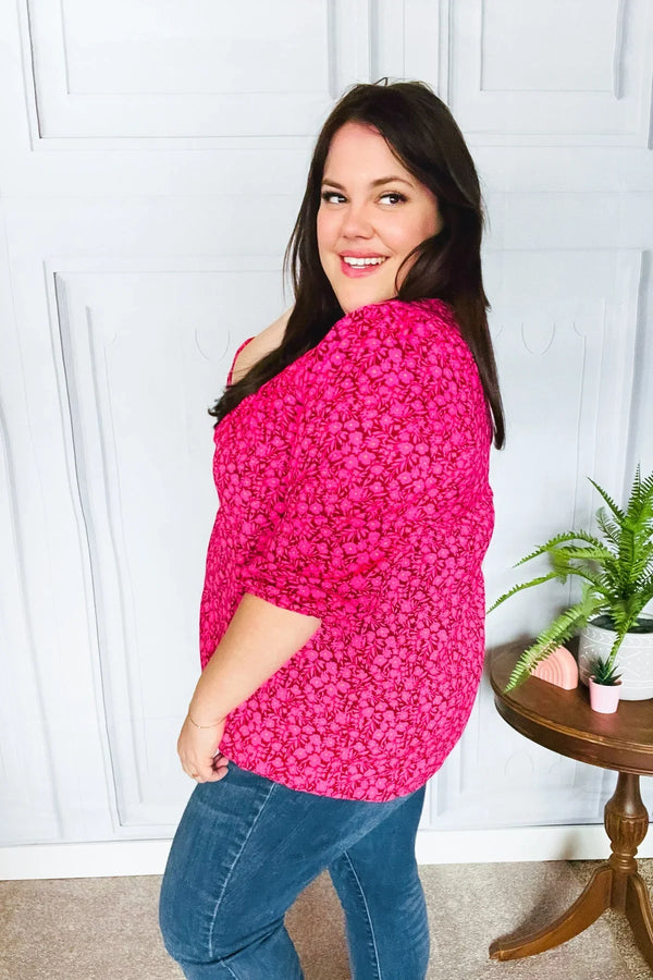 Perfectly You Fuchsia Floral Three Quarter Sleeve Square Neck Top - Coeur de la Mode