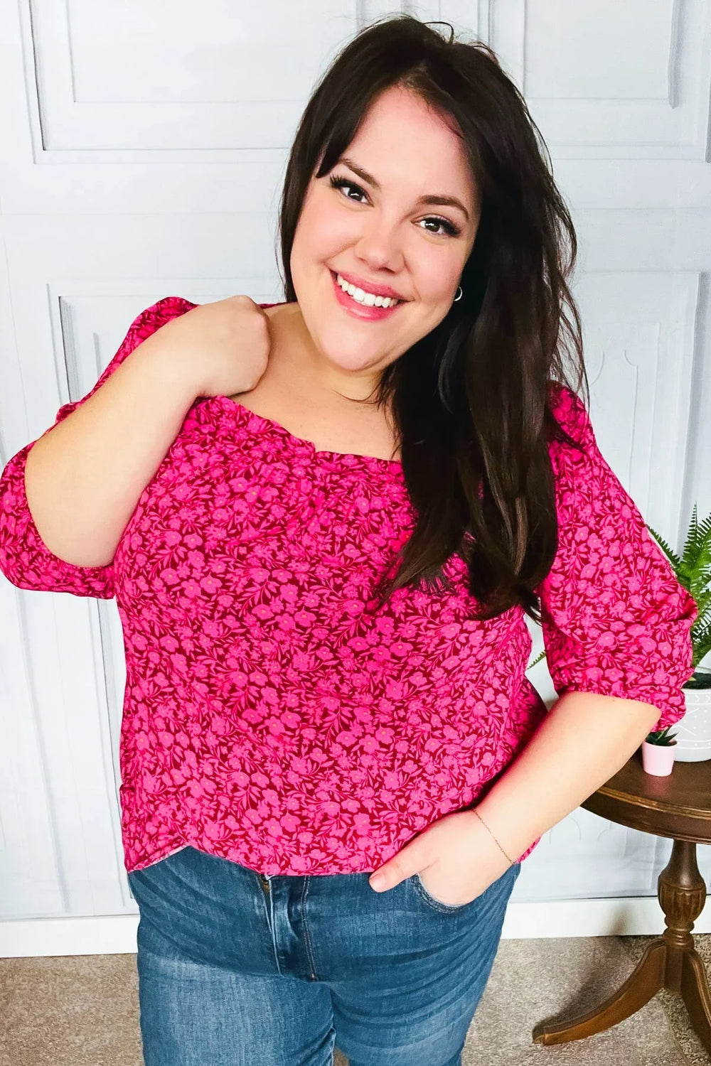 Perfectly You Fuchsia Floral Three Quarter Sleeve Square Neck Top - Coeur de la Mode