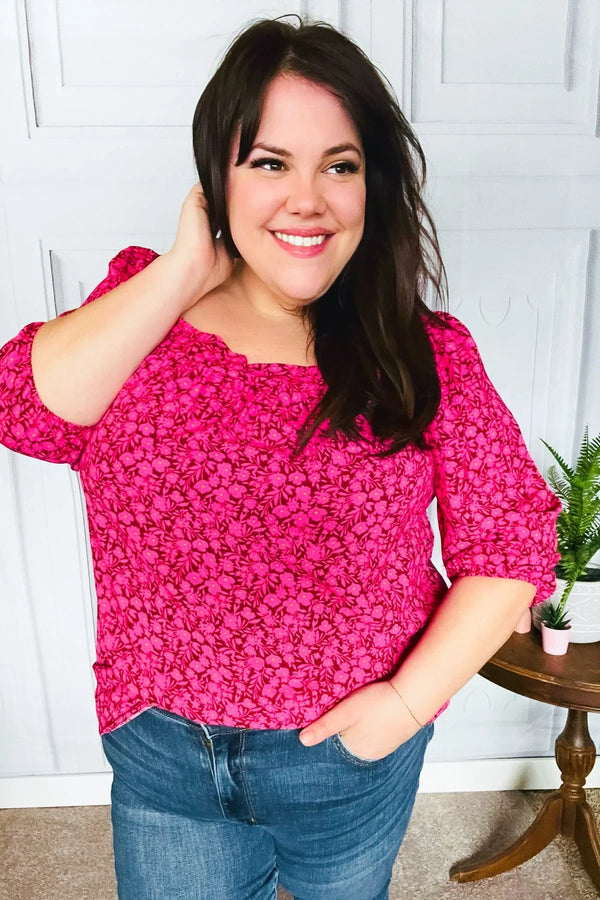 Perfectly You Fuchsia Floral Three Quarter Sleeve Square Neck Top - Coeur de la Mode