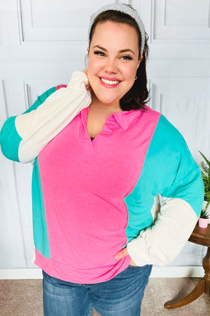 Stand Out Hot Pink & Mint V Neck Collared Terry Color Block Top - Coeur de la Mode