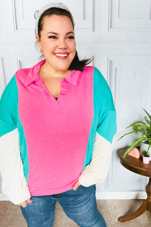 Stand Out Hot Pink & Mint V Neck Collared Terry Color Block Top - Coeur de la Mode