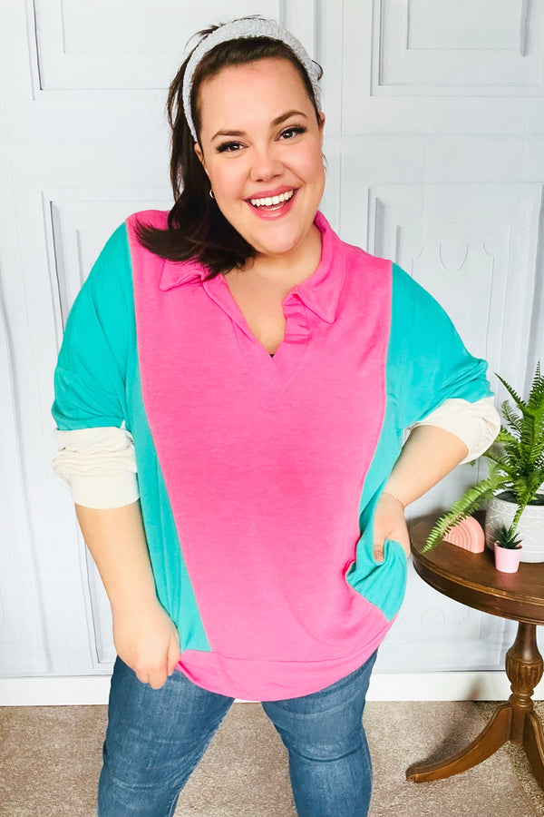 Stand Out Hot Pink & Mint V Neck Collared Terry Color Block Top - Coeur de la Mode