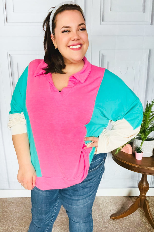 Stand Out Hot Pink & Mint V Neck Collared Terry Color Block Top - Coeur de la Mode