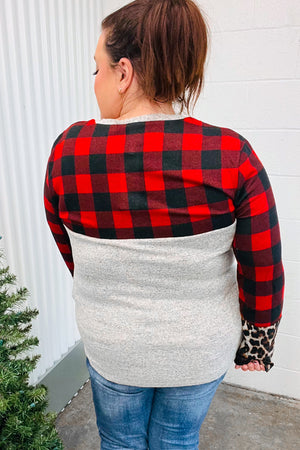 All Of Me Grey & Red Plaid Animal Print Pocketed Top - Coeur de la Mode