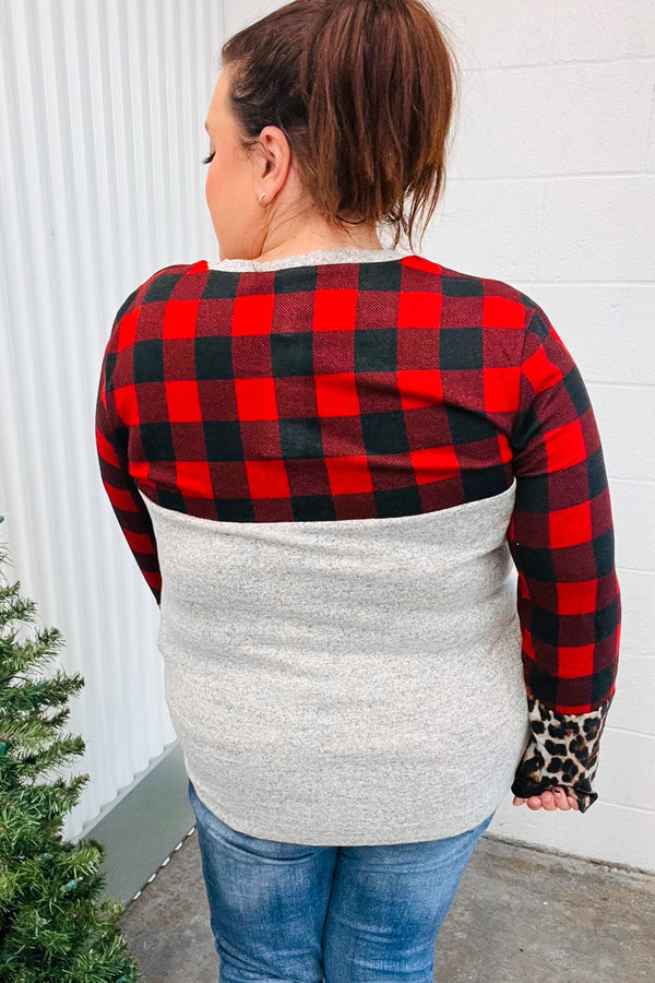 All Of Me Grey & Red Plaid Animal Print Pocketed Top - Coeur de la Mode