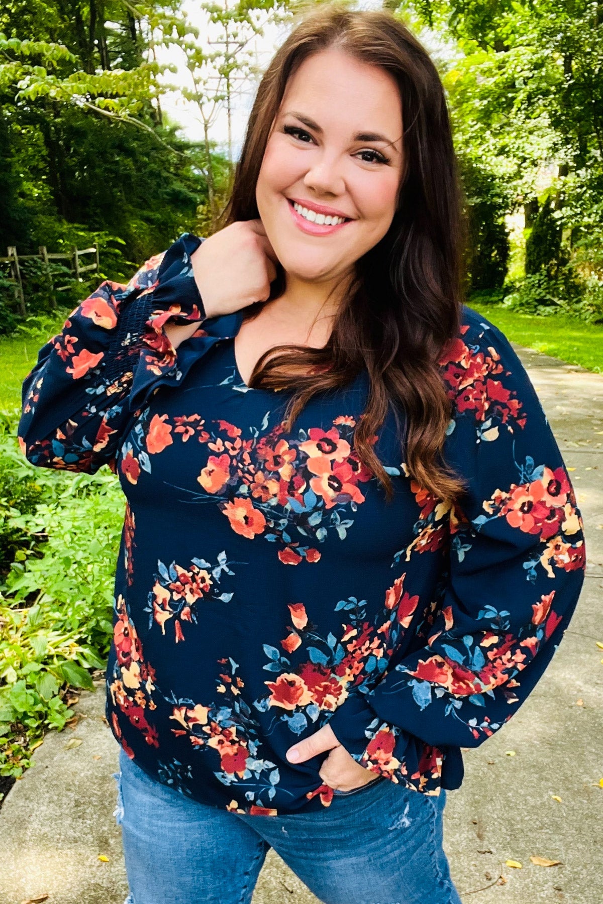 Lovely In Navy Floral Print Smocked Bubble Sleeve Woven Top