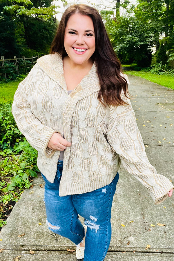 Autumn Vibes Taupe Textured Cable Knit Collared Cardigan - Coeur de la Mode
