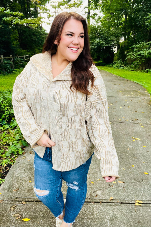 Autumn Vibes Taupe Textured Cable Knit Collared Cardigan - Coeur de la Mode