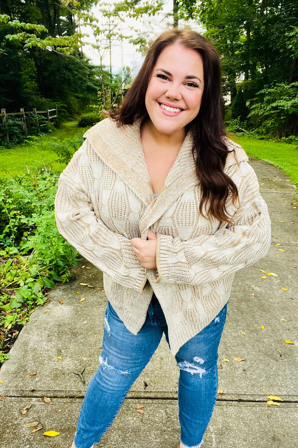 Autumn Vibes Taupe Textured Cable Knit Collared Cardigan - Coeur de la Mode