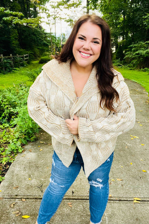 Autumn Vibes Taupe Textured Cable Knit Collared Cardigan - Coeur de la Mode