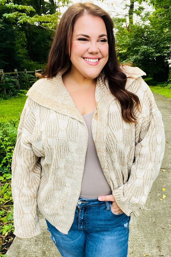 Autumn Vibes Taupe Textured Cable Knit Collared Cardigan - Coeur de la Mode
