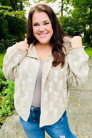 Autumn Vibes Taupe Textured Cable Knit Collared Cardigan - Coeur de la Mode