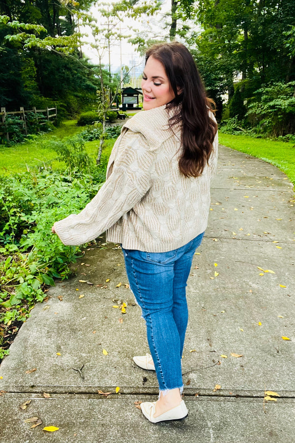 Autumn Vibes Taupe Textured Cable Knit Collared Cardigan - Coeur de la Mode