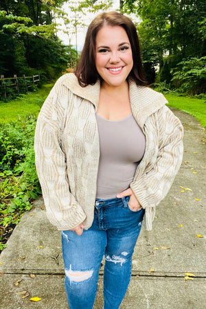 Autumn Vibes Taupe Textured Cable Knit Collared Cardigan - Coeur de la Mode