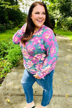 Feeling Femme Teal Floral Brushed Hacci Sweater Top - Coeur de la Mode