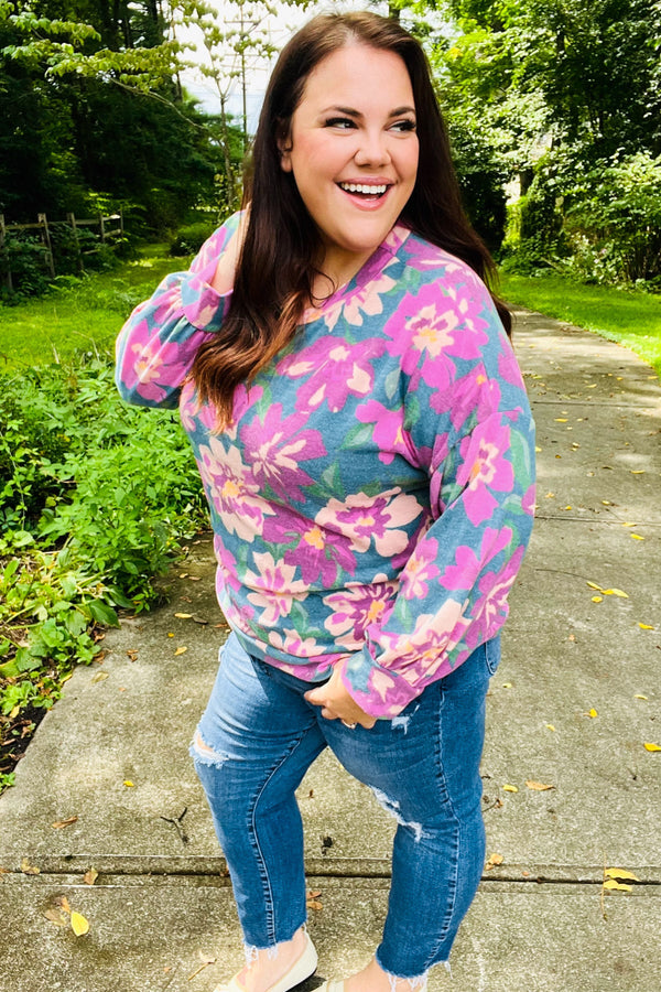 Feeling Femme Teal Floral Brushed Hacci Sweater Top - Coeur de la Mode