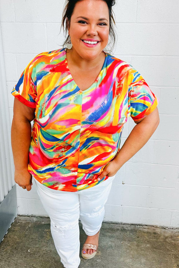 Watercolor Paint Strokes V Neck Top - Coeur de la Mode