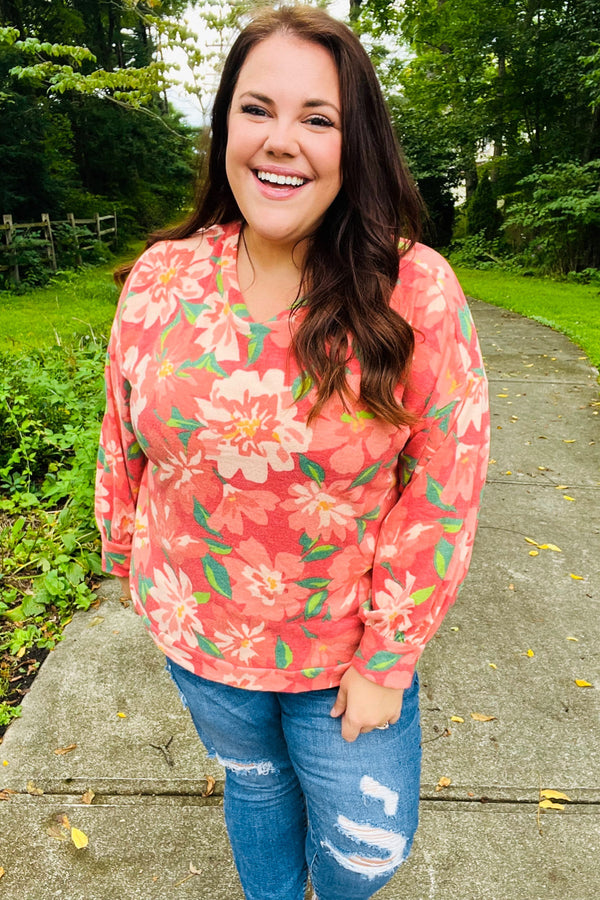 Feeling Femme Red Floral Brushed Hacci Sweater Top - Coeur de la Mode