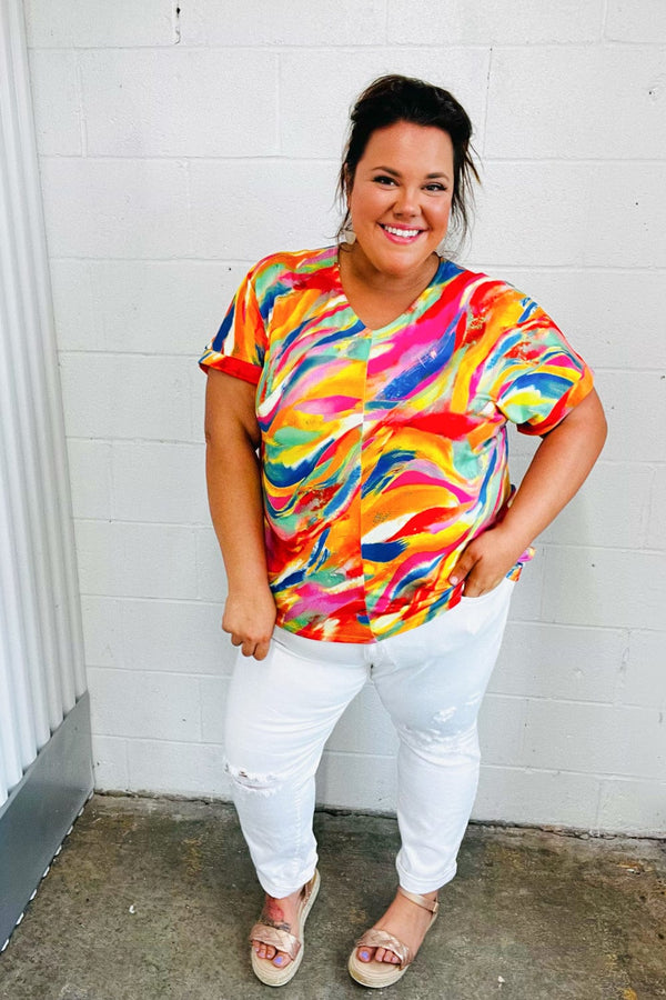 Watercolor Paint Strokes V Neck Top - Coeur de la Mode