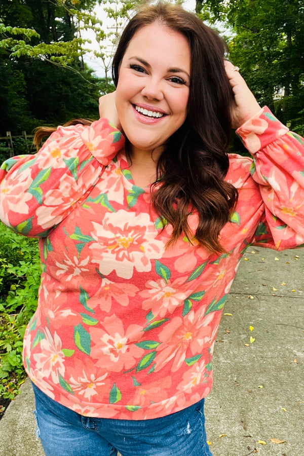 Feeling Femme Red Floral Brushed Hacci Sweater Top - Coeur de la Mode