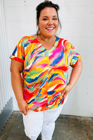 Watercolor Paint Strokes V Neck Top - Coeur de la Mode
