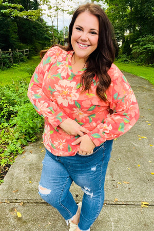 Feeling Femme Red Floral Brushed Hacci Sweater Top - Coeur de la Mode