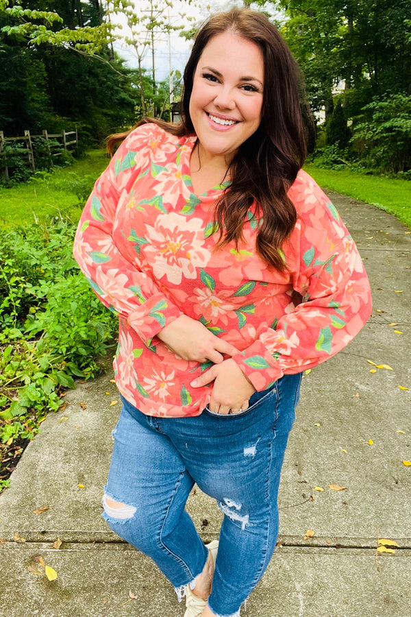 Feeling Femme Red Floral Brushed Hacci Sweater Top - Coeur de la Mode