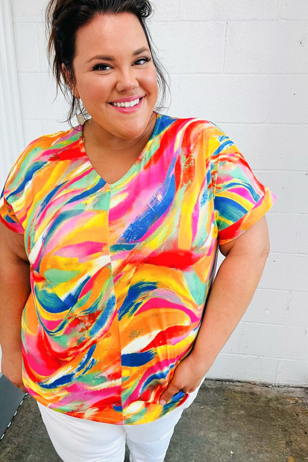Watercolor Paint Strokes V Neck Top - Coeur de la Mode