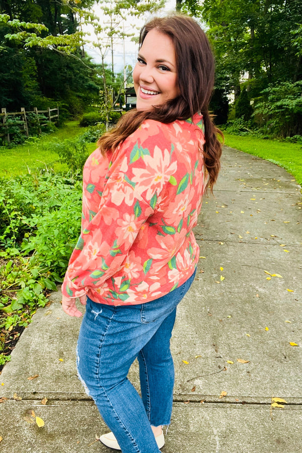 Feeling Femme Red Floral Brushed Hacci Sweater Top - Coeur de la Mode