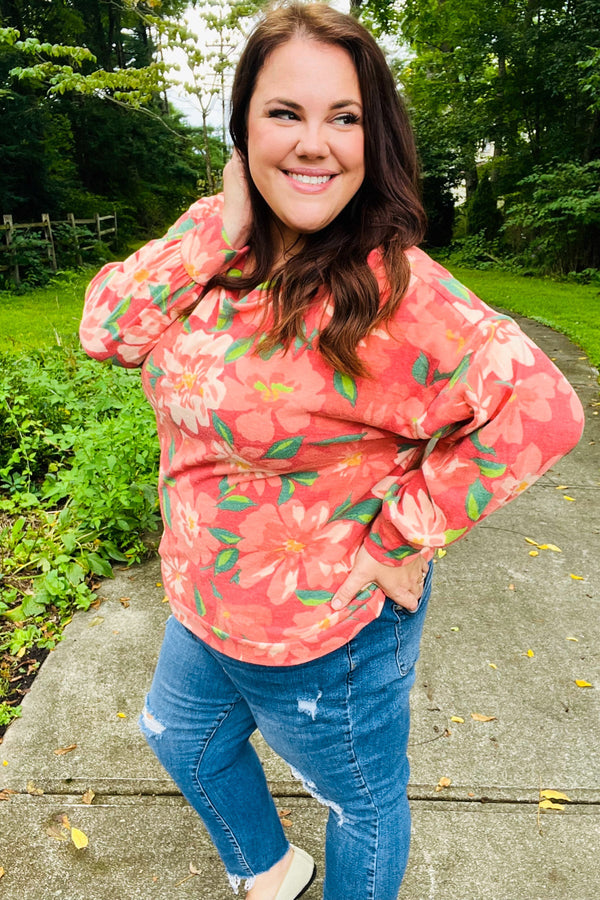 Feeling Femme Red Floral Brushed Hacci Sweater Top - Coeur de la Mode
