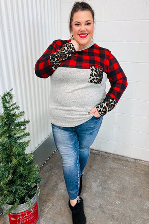 All Of Me Grey & Red Plaid Animal Print Pocketed Top - Coeur de la Mode
