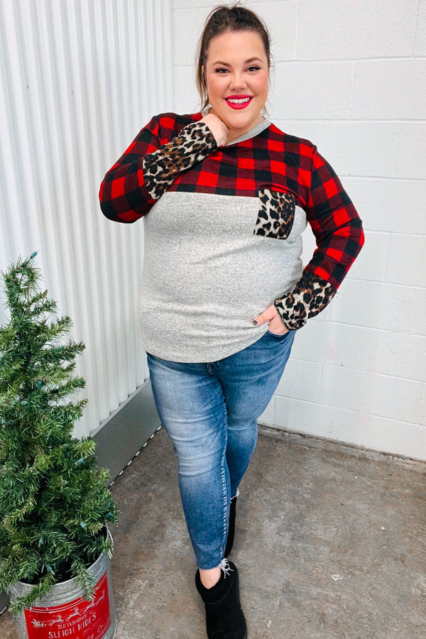 All Of Me Grey & Red Plaid Animal Print Pocketed Top - Coeur de la Mode