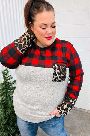 All Of Me Grey & Red Plaid Animal Print Pocketed Top - Coeur de la Mode