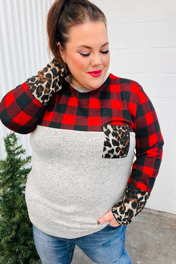 All Of Me Grey & Red Plaid Animal Print Pocketed Top - Coeur de la Mode