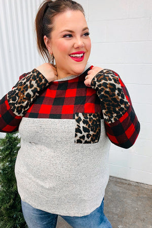 All Of Me Grey & Red Plaid Animal Print Pocketed Top - Coeur de la Mode