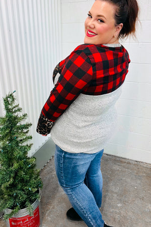 All Of Me Grey & Red Plaid Animal Print Pocketed Top - Coeur de la Mode