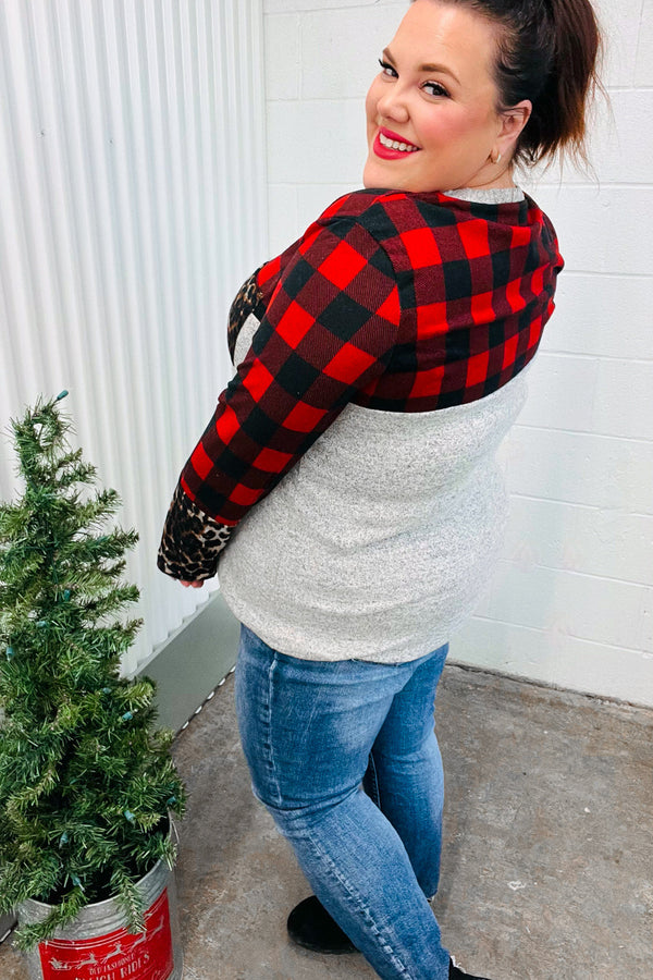 All Of Me Grey & Red Plaid Animal Print Pocketed Top - Coeur de la Mode